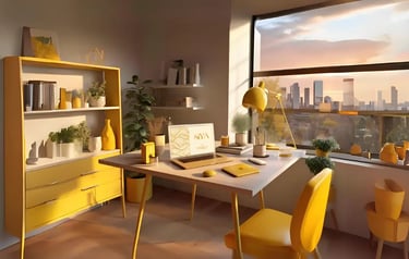 a cosy and warm corner office space with a view of dusk settling on the city skyline