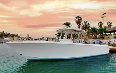 a boat in the water with a boat in the background