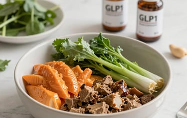 A balanced meal in a bowl featuring protein, vegetables, and sweet potato, with two GLP-1 supplement bottles in the