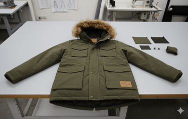 An olive green parka with a faux-fur hood laid flat on a professional cutting table.