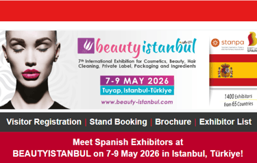 Beauty Istanbul 2026 cosmetics exhibition banner featuring Spanish exhibitors in Istanbul, Turkey.