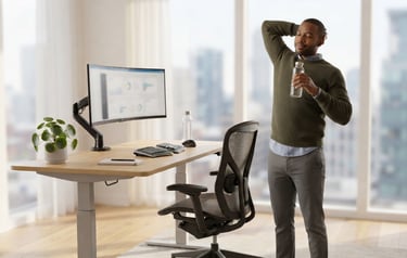 Remote worker practicing healthy posture habits and movement breaks during the workday.