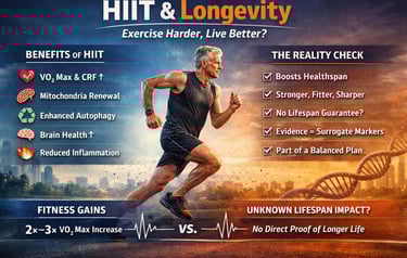 HIIT and longevity infographic showing VO2 max, mitochondrial health, and healthspan benefits of hig
