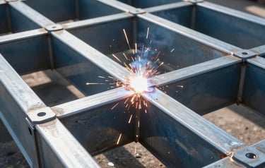 Close-up of industrial steel welding inside a bright workshop, bright sparks illuminating clean structural welds on a heavy-gauge steel container frame.
