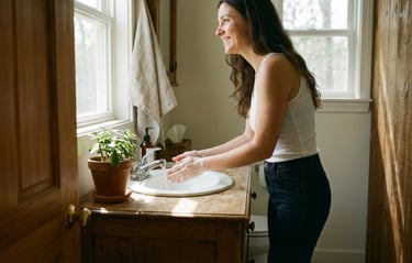 a woman is washing her hands in a sink