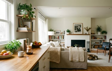 a living room with a fireplace and a couch