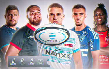 Visuel sportif mettant en avant des joueurs de rugby et de football en tenue officielle