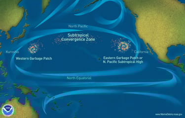 Ocean currents and plastic accumulation zones in the North Pacific, including the Great Pacific Garb