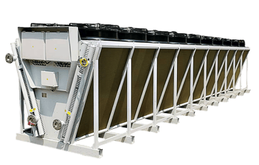 Large industrial dry cooler unit with V-shaped condenser coils and multiple top-mounted cooling fans.