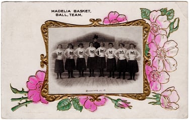 Early 1900s Women's Basketball Photo Postcard with Floral pattern