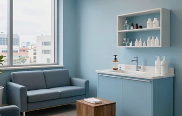 Photography of a fully equipped executive lactation lounge in a prestigious corporate tower in Hispanic / Corporate Latin America & Spain. Soft sky blue decor, hospital-grade hygiene station, comfortable seating, calm private atmosphere.