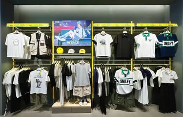 Clothing display featuring Smiley brand t-shirts and casual apparel on racks in a modern retail store.