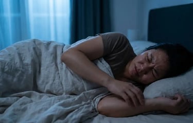 A sweating woman suffering from night sweats and sleep disturbance in bed.