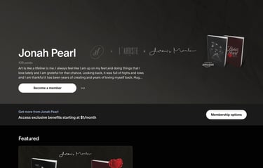 Patreon Landing page of Art by Jonah Pearl page