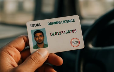 Close-up of an Indian driving license card held in a hand against a blurred truck cab interior background, natural light, license number and validity stamp visible