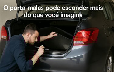 Homem inspeciona o porta-malas de um carro usado com lanterna, levantando o tapete para verificar o 