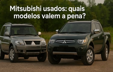 Mitsubishi Pajero TR4 e L200 lado a lado em ambiente externo, com texto “Mitsubishi usados: quais mo