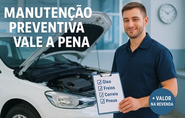 Mecânico sorridente ao lado de carro branco com capô aberto em oficina limpa, segurando checklist co