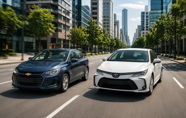 Chevrolet Onix Plus e Toyota Corolla XEi lado a lado em avenida urbana em movimento.