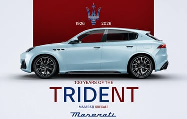 Maserati 100 anos com Grecale e logo Tridente campanha oficial 2026