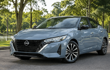 Nissan Sentra 2026 azul estacionado em parque municipal com árvores e luz natural