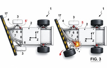 Diagrama da patente da Ferrari mostra sistema de desprendimento da roda em colisões