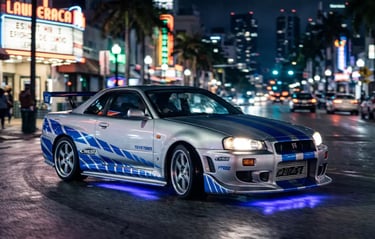 skyline do brian Nissan GT-R R34 em corrida noturna com luzes neon
