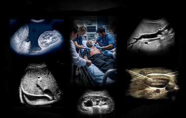 Medical team performing emergency ultrasound scans on a patient in a critical care hospital setting.