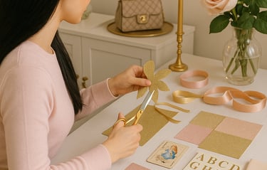 a woman is sitting at a table crafting party decor