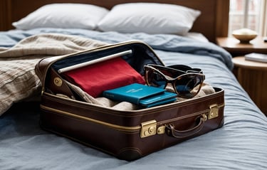 Travel Kits in a suitcase that is sitting on the bed.