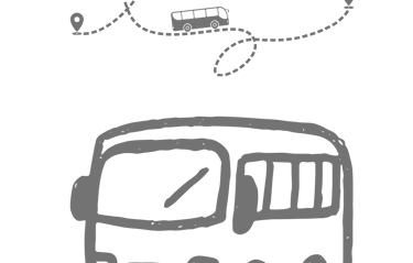 Doodle illustration of a tour bus traveling along a dotted route between two location pins.