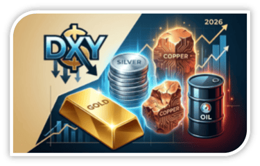 A glowing gold bar, silver coins, copper, and oil barrel showing 2026 growth.