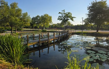 Garden view with pavilion and pond in the background