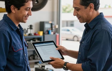 Medium shot of a Mexican / Latin American digital consultant in a dark blue shirt showing a tablet screen to a local mechanic in a bright, clean auto shop. Natural lighting, professional and friendly interaction, modern and trustworthy atmosphere.