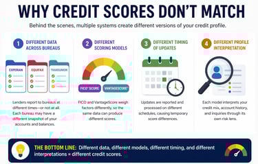 Infographic explaining why credit scores don't match, detailing FICO, VantageScore, and bureaus like Equifax.