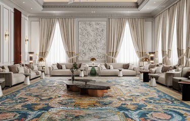 Luxury majlis interior featuring an ornate blue patterned rug and elegant cream sofas.