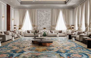 Luxury majlis interior featuring an ornate blue patterned rug and elegant cream sofas.