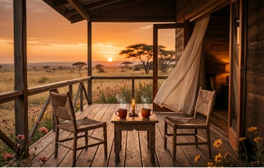 Sunset view from a safari lodge deck with steaming coffee mugs on a wooden table.