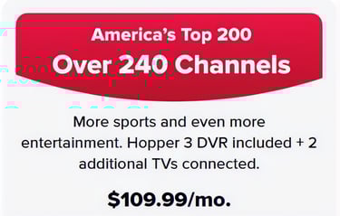 DISH America's Top 200 TV package offer featuring over 240 channels and Hopper 3 DVR for $109.99/mo.