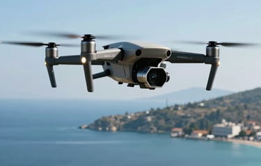 An action shot of a high-end cinema drone flying over the turquoise coast of Bodrum, clear blue sky, professional equipment showcased in a clean, minimal composition.