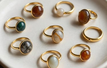 A beautiful flat lay of handmade bohemian rings made of gold brass and natural semi-precious stones, displayed on a textured warm white handmade ceramic plate, warm shadows, natural and cozy Breton style.
