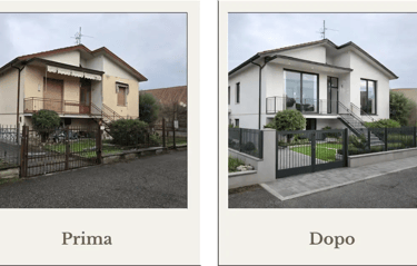 Prima e dopo della ristrutturazione dell'esterno di una casa di campagna che diventa villetta moderna