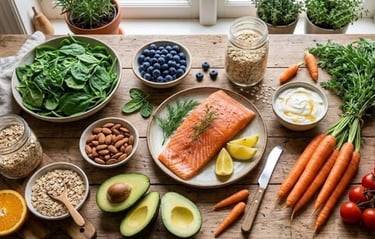 Healthy foods including spinach, blueberries, salmon, almonds, oats, avocado, yogurt, carrots,