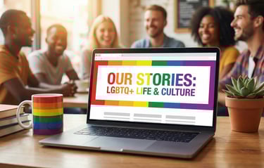 Laptop screen showing Flamingay blog page titled Our Stories, Our Pride