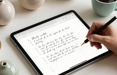 A high-quality lifestyle photograph of an artist's digital workspace, showcasing an iPad with elegant handwriting templates, surrounded by cozy ceramic ornaments and a freshly brewed cup of coffee. Warm and bright lighting with a color palette of soft creams, sage green, and sand brown.