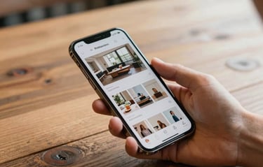 An inviting photograph of a rustic wooden tabletop in a café. A person's hand is holding a modern smartphone displaying a curated digital shop interface. Beautiful depth of field, warm morning light, representing global / modern urban café culture.