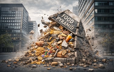 A crumbling concrete food pyramid monument overflowing with junk food in a city street.