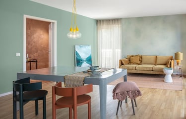 un salon avec un canapé et une table et des murs fraichements repeints
