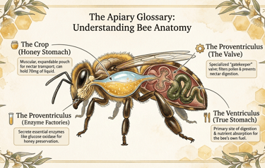 the image is about bee anatomy and how bees have 2 stomachs