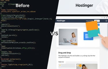 complex code vs. Hostinger's drag-and-drop website builder with an element being moved.